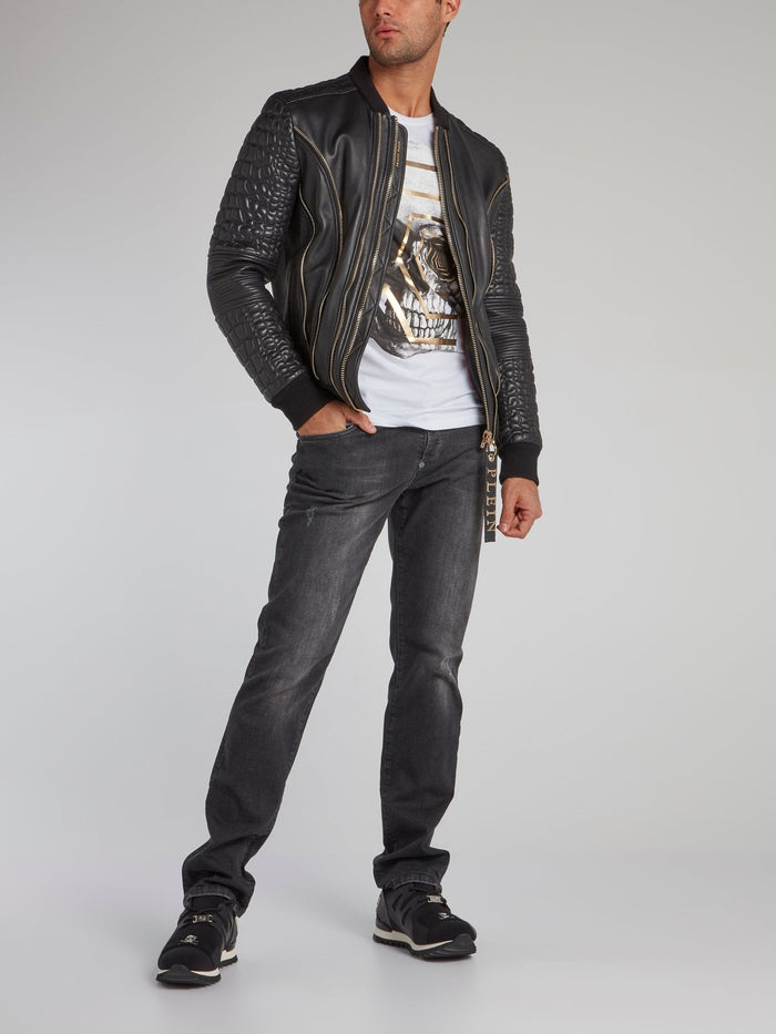 Black Crocodile Effect Leather Bomber Jacket