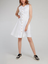 White Flared Button Up Dress