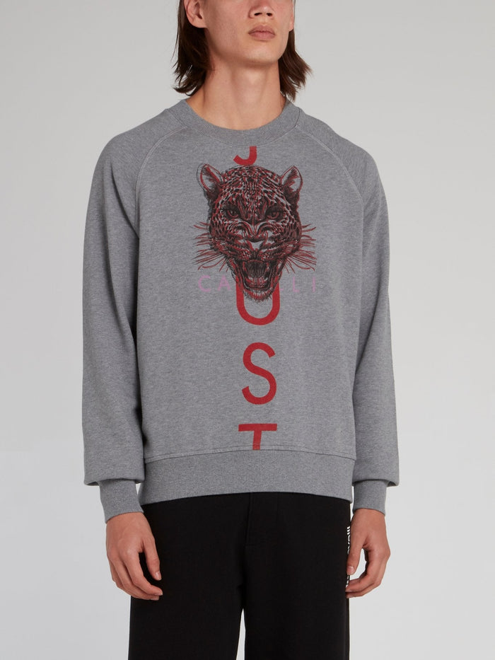 Grey Leopard Head Cotton Sweatshirt