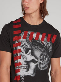 Black Skull Print Red Studded T-Shirt