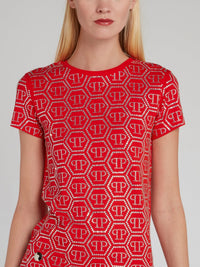 Red Crystal Studded Monogram T-Shirt