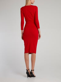 Red Embellished Surplice Midi Dress