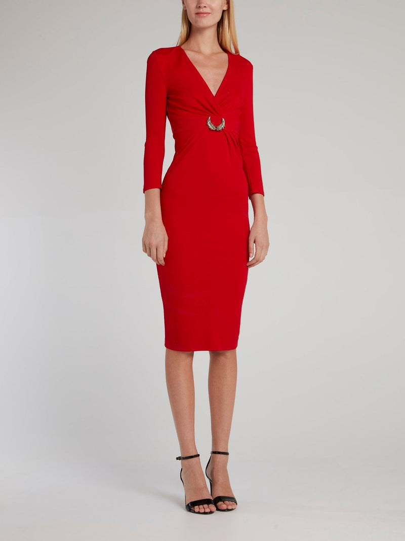 Red Embellished Surplice Midi Dress