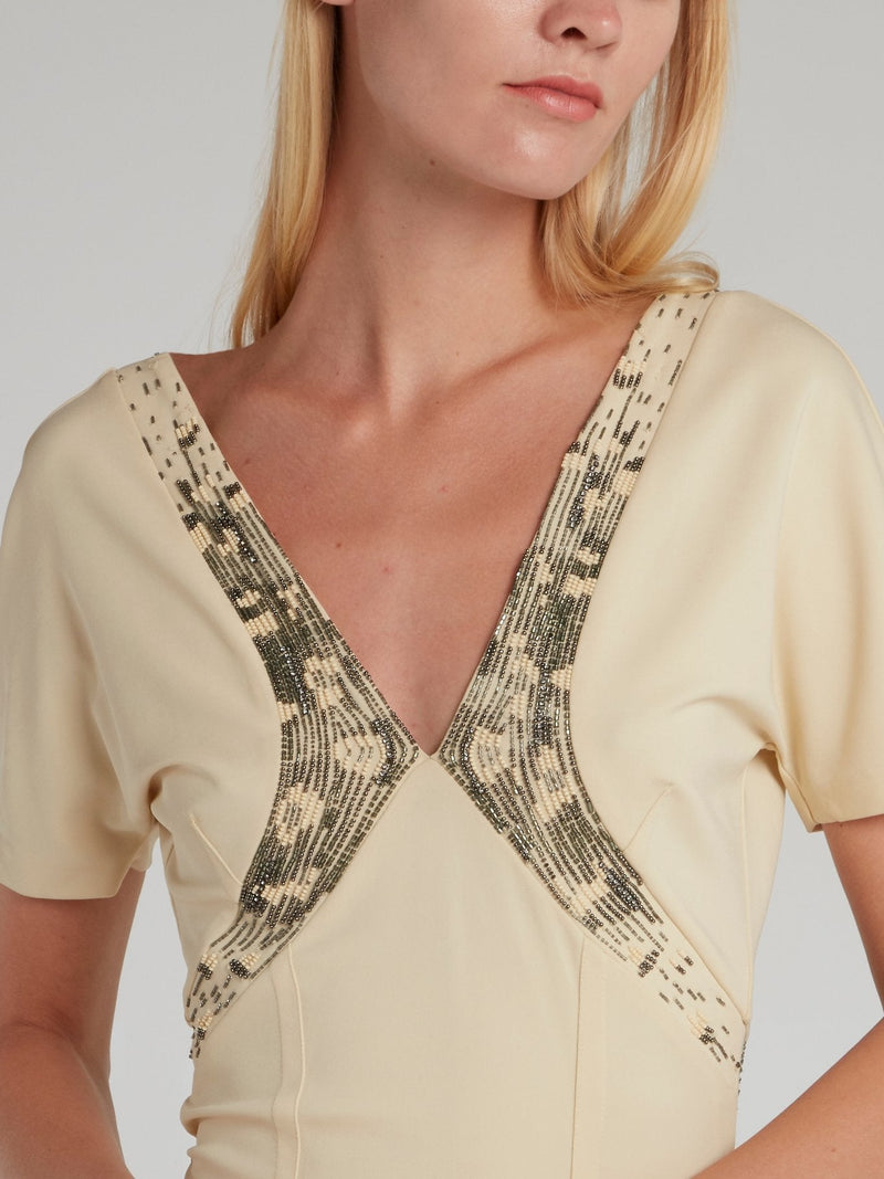 Beige Beaded Plunge Dress