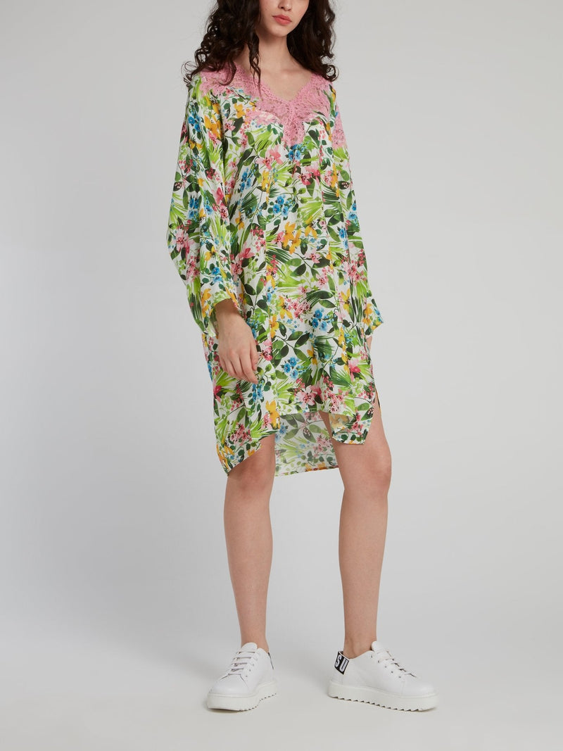 Tropical Print Flounce Shift Dress