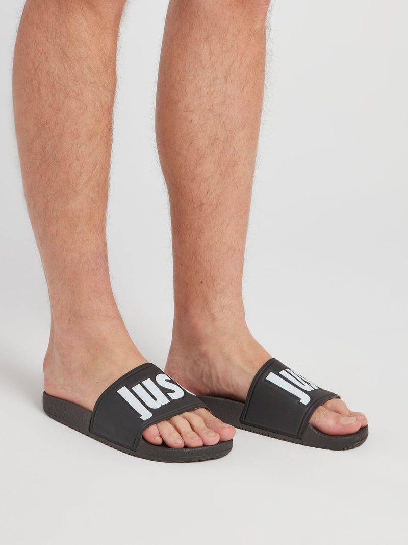 Black Logo Strap Top Slippers