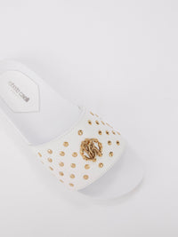 White Snake Monogram Studded Slides