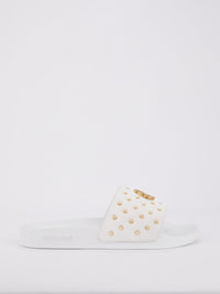 White Snake Monogram Studded Slides