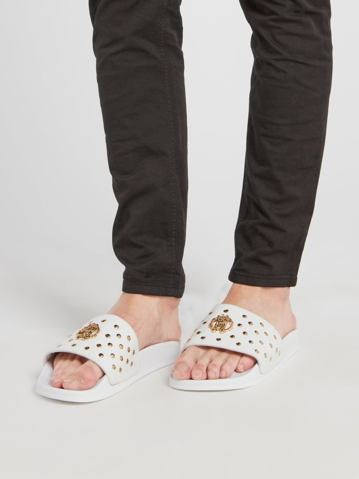 White Snake Monogram Studded Slides