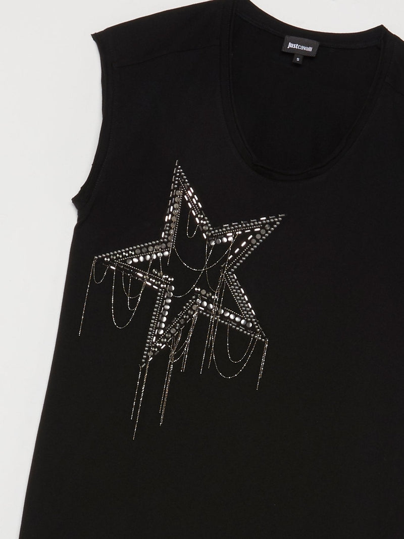 Black Beadwork Star Sleeveless Top