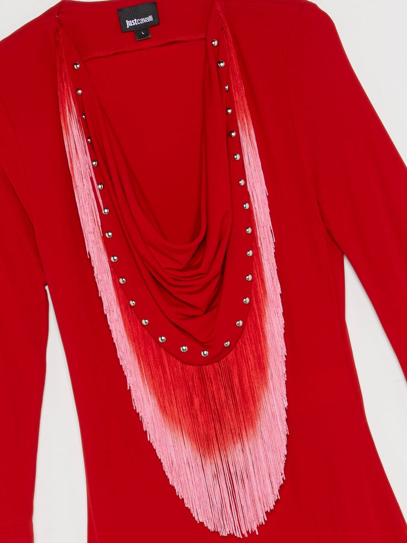 Red Draped Fringed Neck Dress