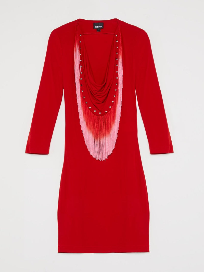 Red Draped Fringed Neck Dress