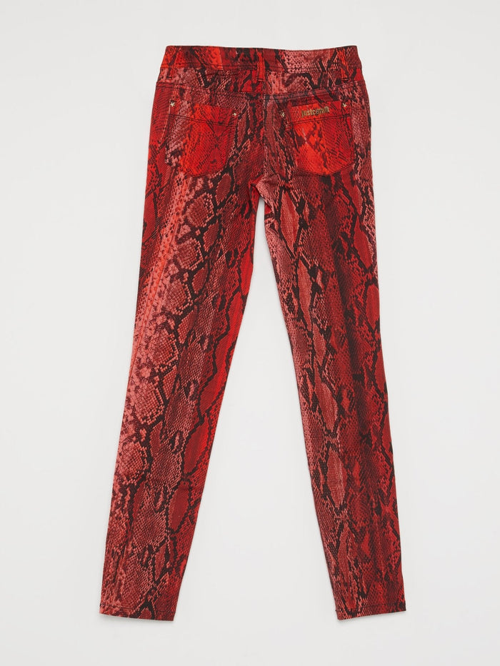 Red Python Print Slim Fit Pants