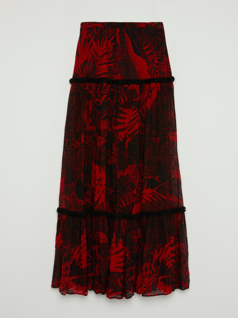 Red Tropical Print Boho Maxi Skirt