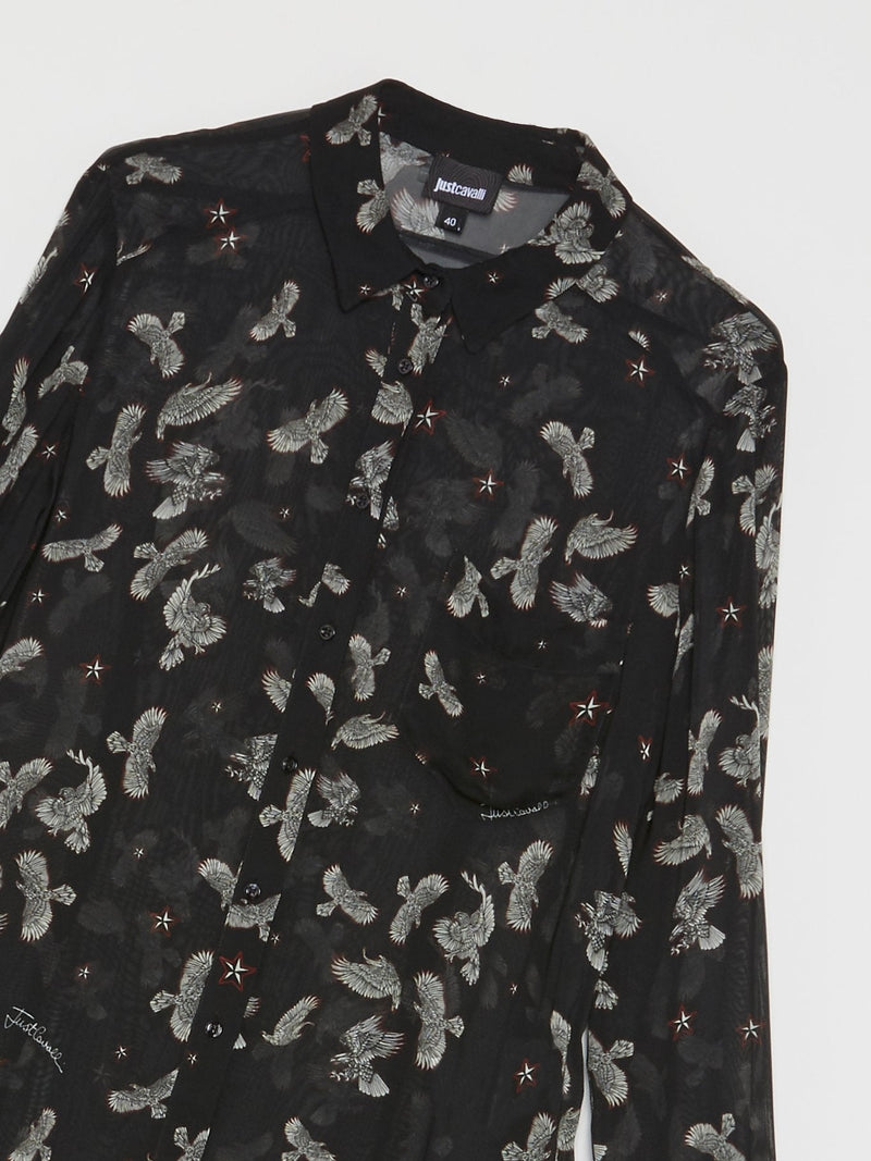 Black Eagle Print Button Up Shirt