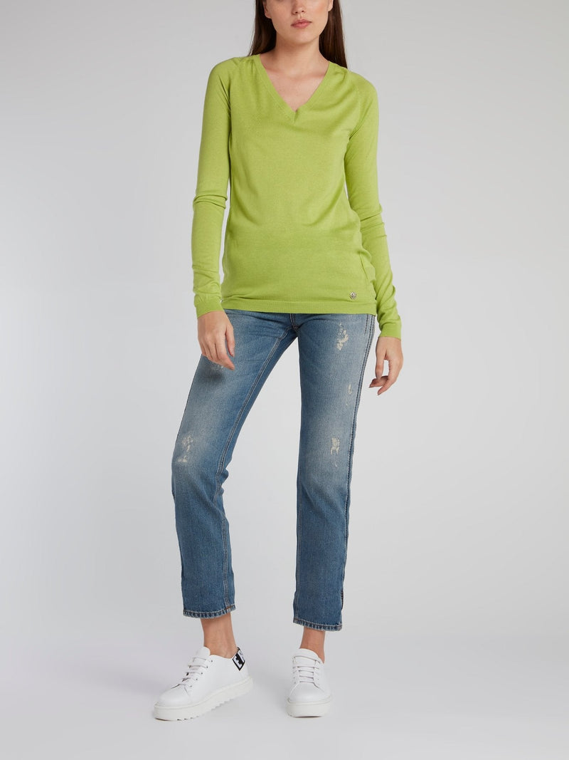 Green V-Neck Knit Pullover