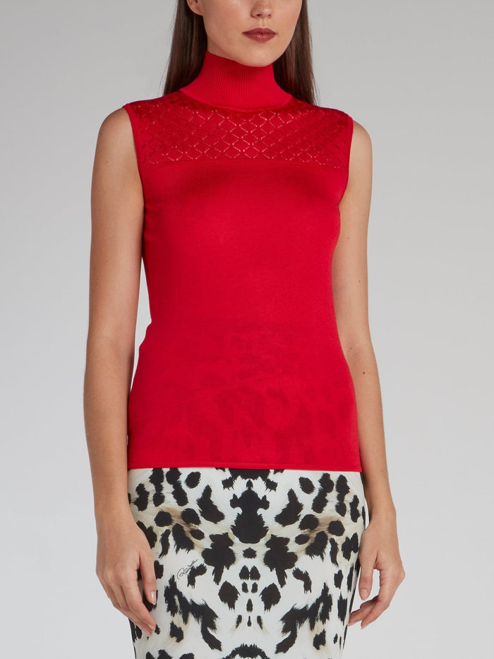 Red Sleeveless Turtleneck Top