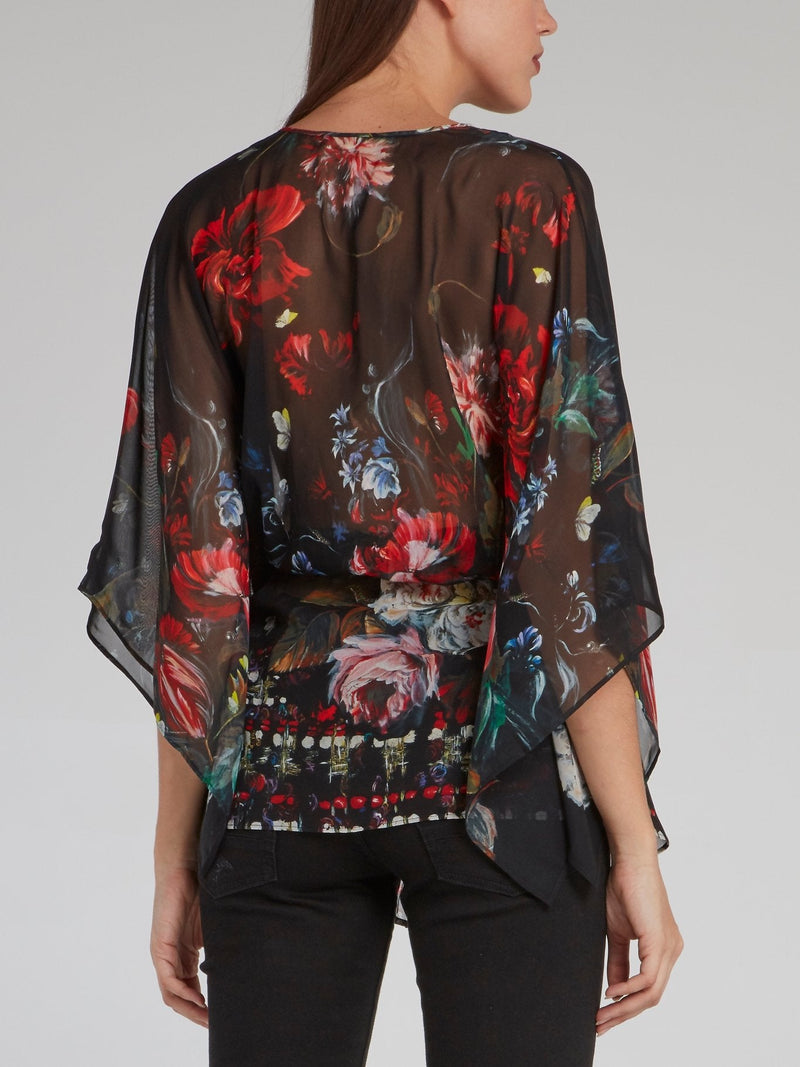 Floral Print Pleated Panel Short Kaftan