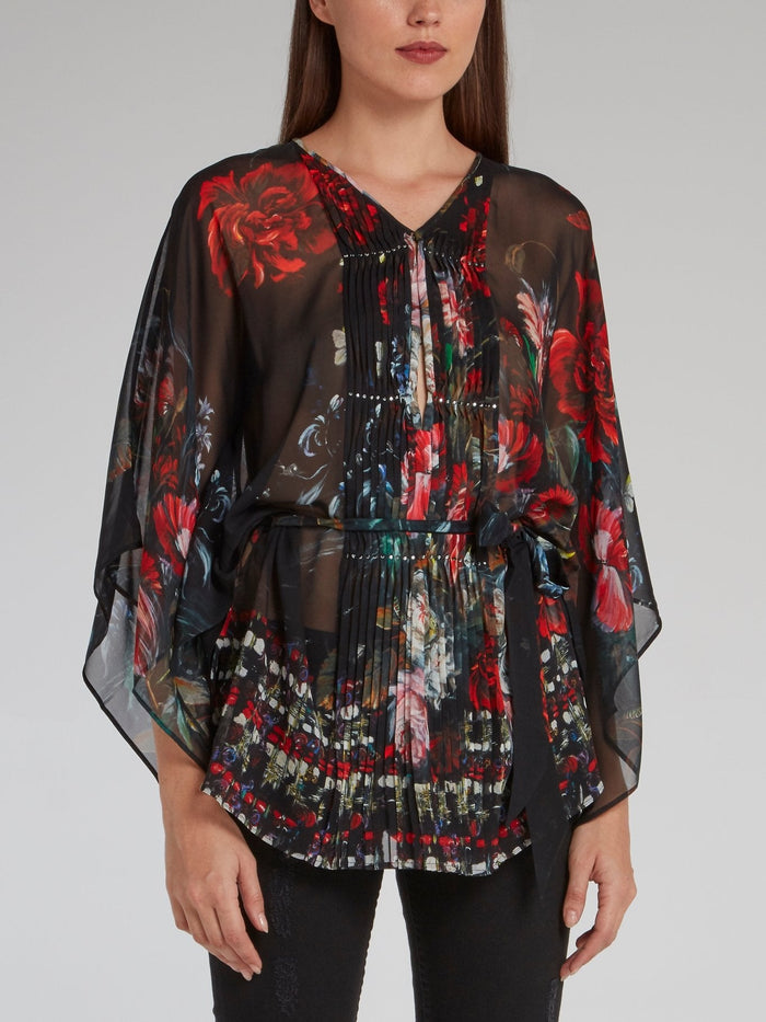 Floral Print Pleated Panel Short Kaftan