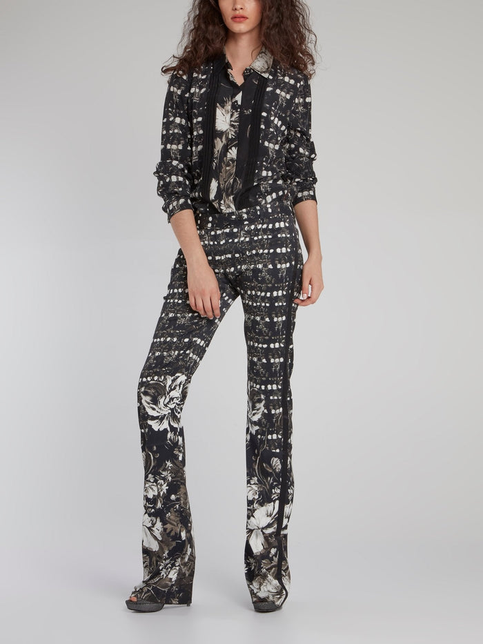 Black Floral Print Bootcut Trousers