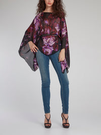 Purple Floral Bateau Neck Short Kaftan