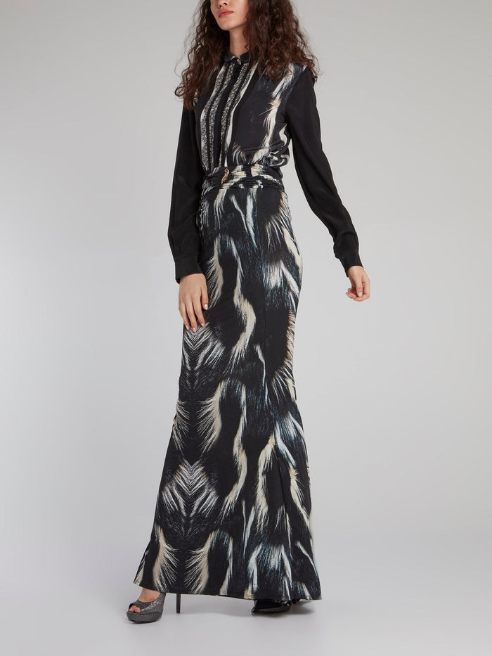 Black Pattern Print Draped Maxi Skirt