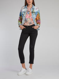 Floral Print Distressed Denim Jacket