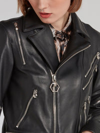 Black Zipper Embellished Leather Biker Jacket