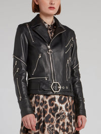 Black Zipper Embellished Leather Biker Jacket