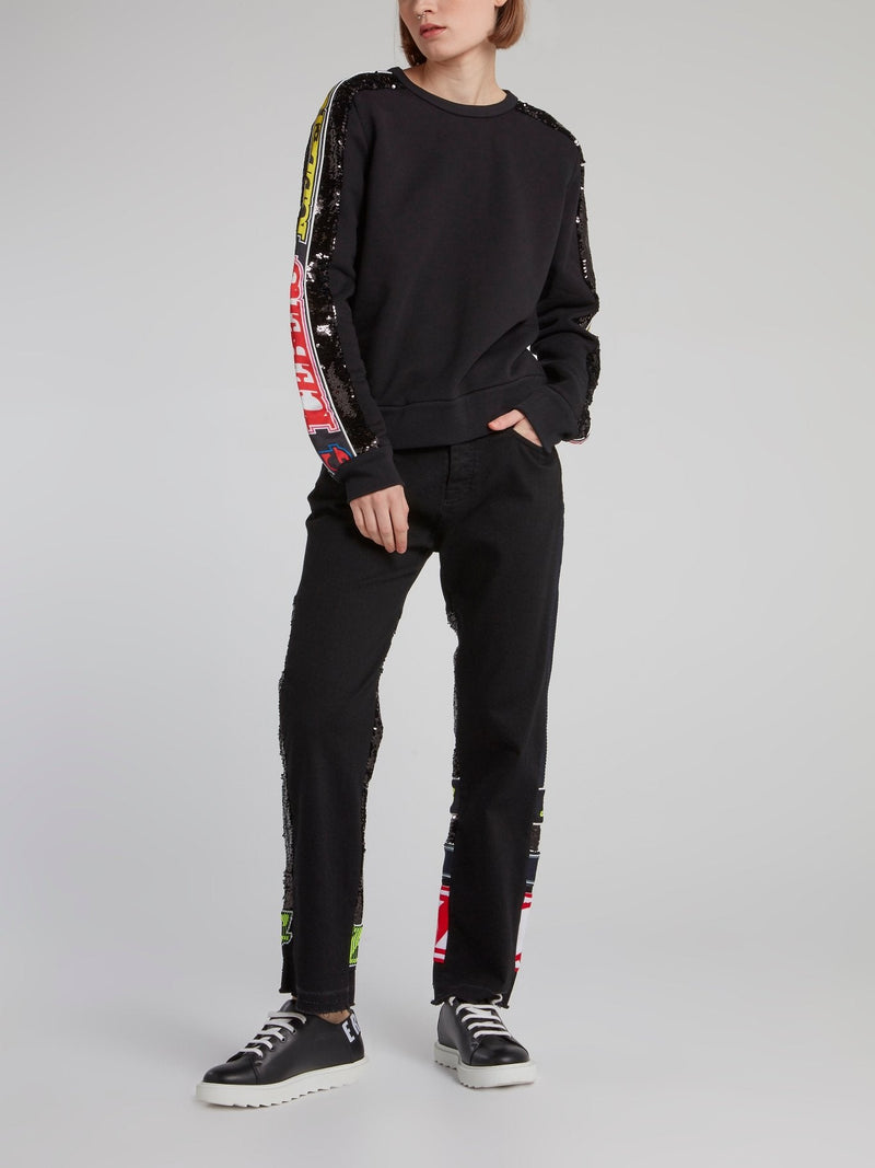 Black Logo Sequin Panel Straight Cut Jeans