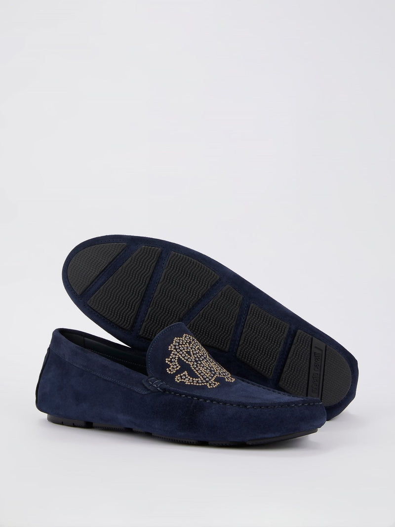 Navy Studded Monogram Suede Loafers