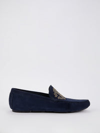 Navy Studded Monogram Suede Loafers