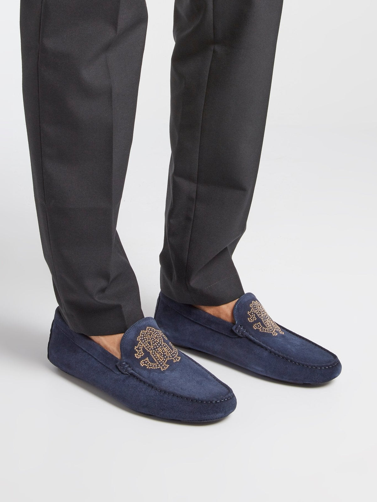 Navy Studded Monogram Suede Loafers