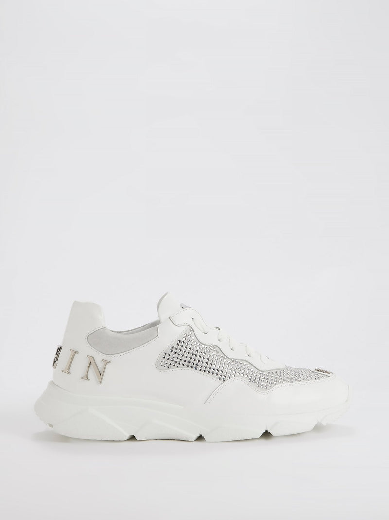 White Runner Crystal Logo Sneakers