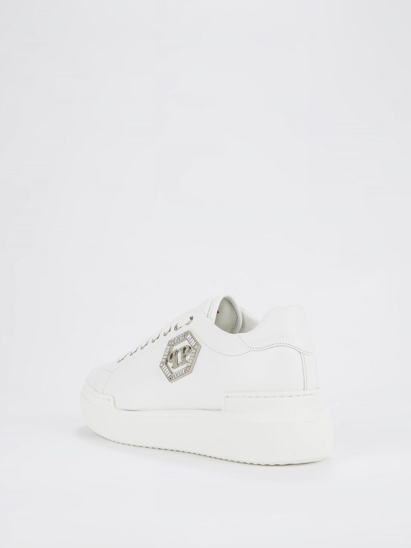 White Crystal Monogram Leather Sneakers