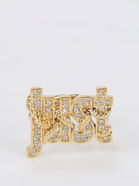 Gold Crystal Studded Monogram Ring - Size 7