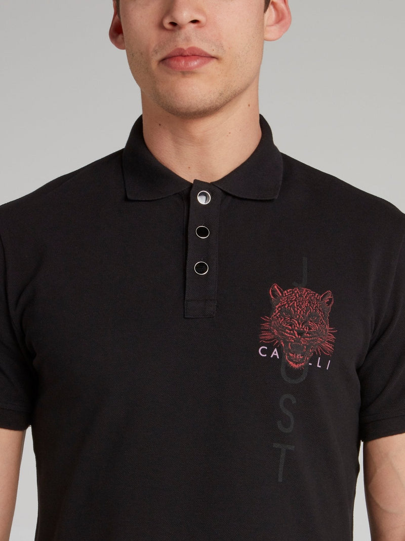 Black Leopard Head Print Polo Shirt