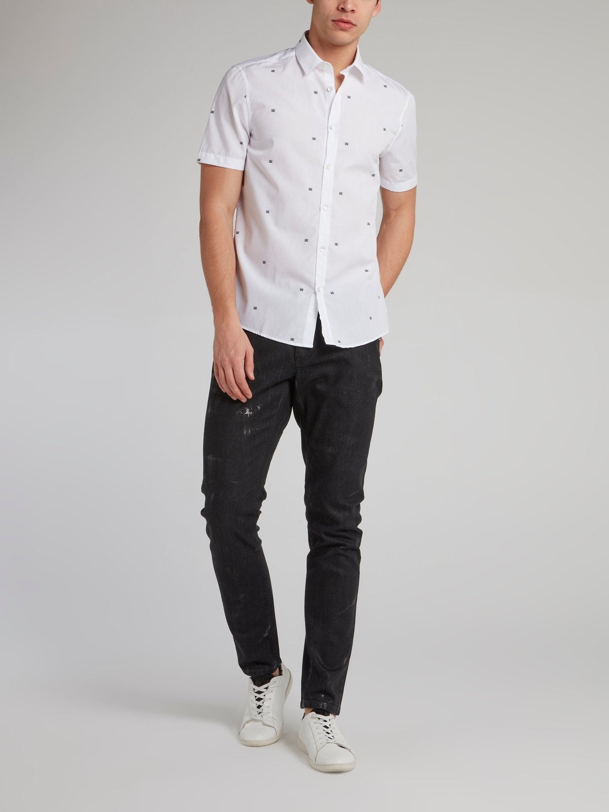 White Micro Print Short Sleeve Shirt