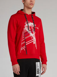 Red Graphic City Print Hoodie