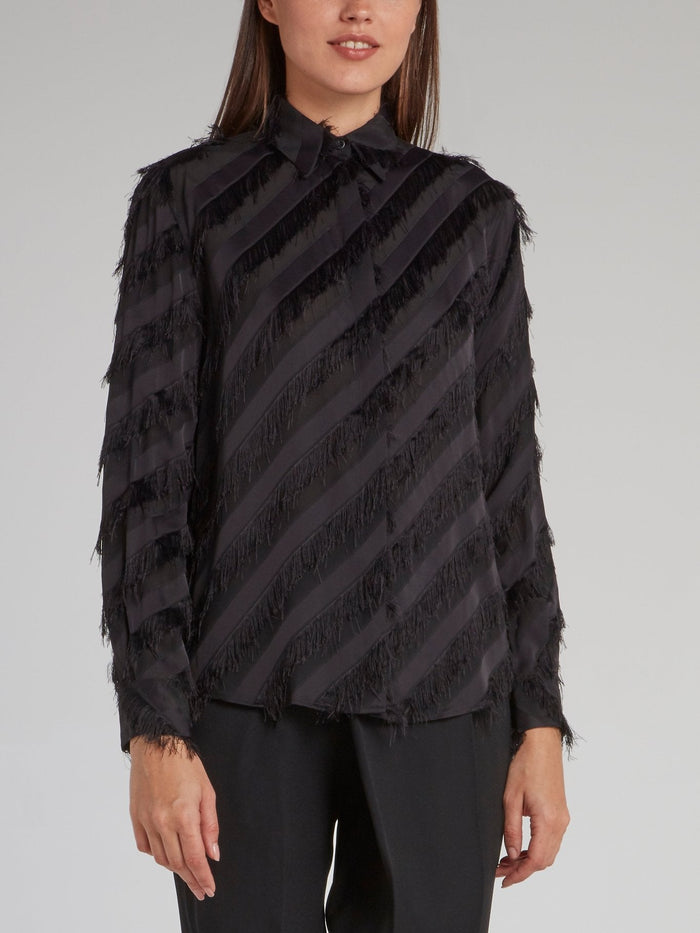 Black Diagonal Striped Tassel Shirt