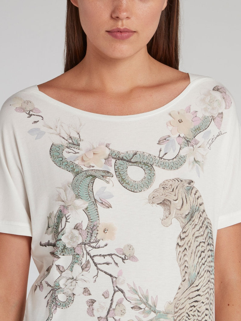 White Floral Embellished Printed Top