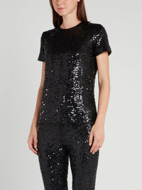 Black Round Neck Sequin T-Shirt