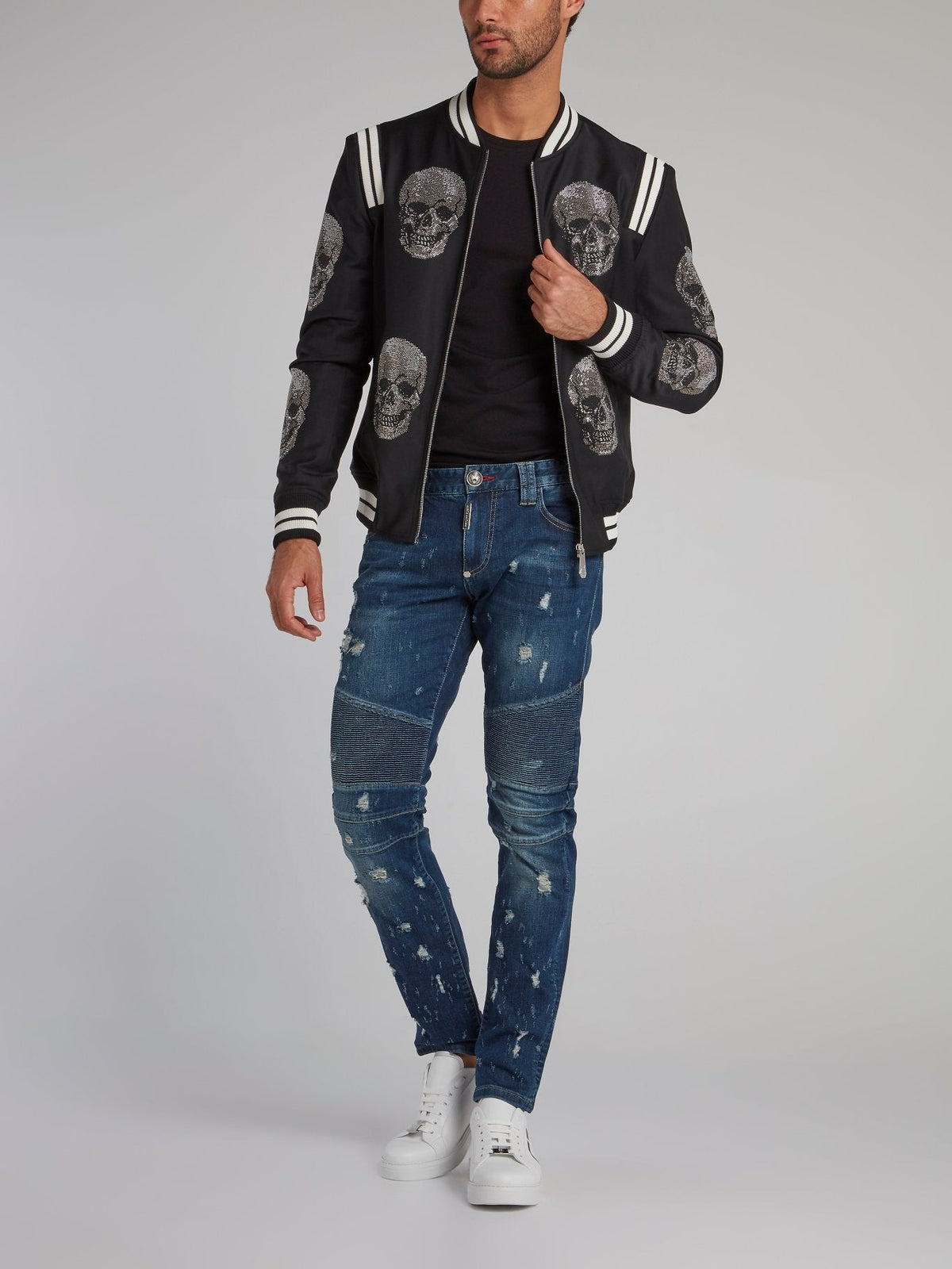 Black Contrast Skull Bomber Jacket