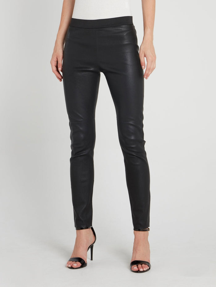 Black Elastic Waist Leather Pants