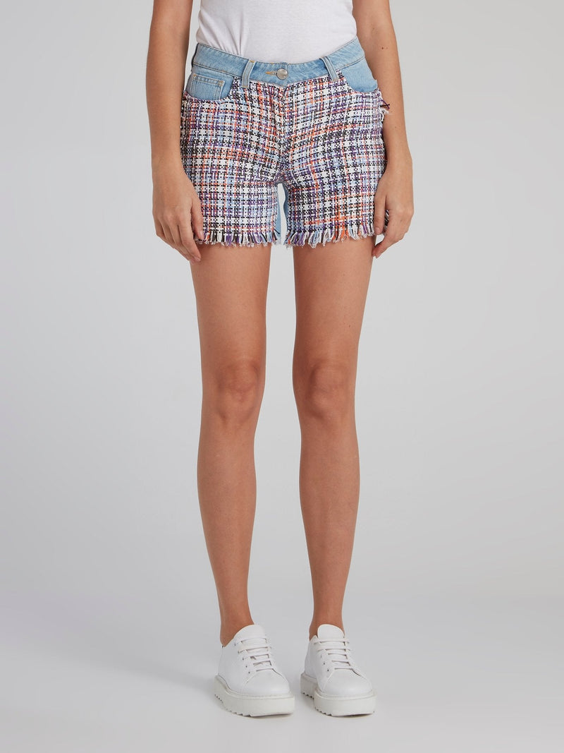 Tweed Panel Frayed Denim Shorts