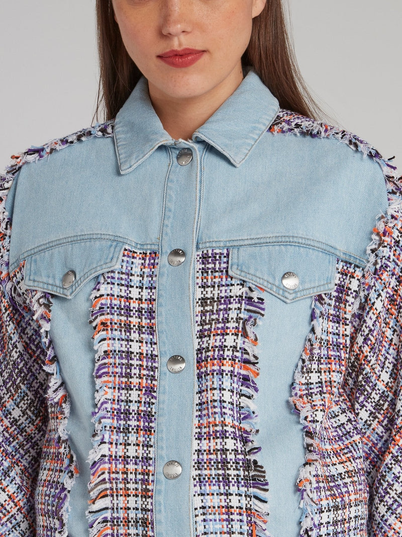 Tweed Panel Frayed Denim Jacket