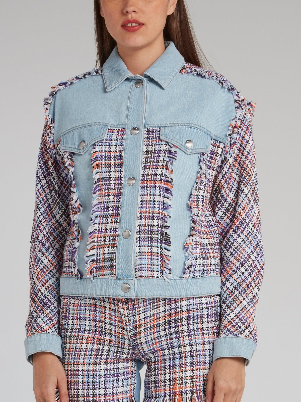 Tweed Panel Frayed Denim Jacket