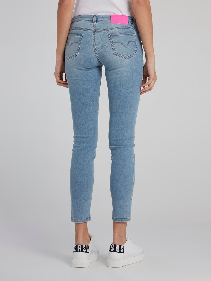 Blue Appliqu��d Crop Jeans