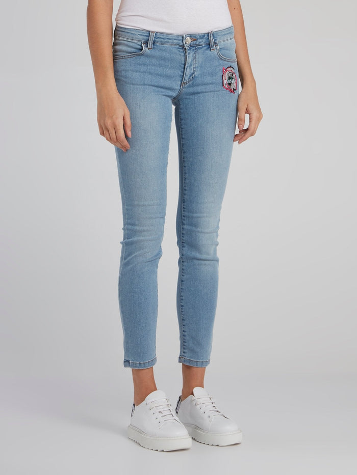 Blue Appliqu��d Crop Jeans