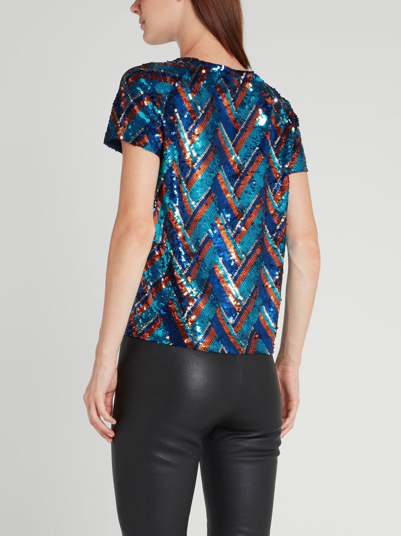 Blue Sequin Chevron Top